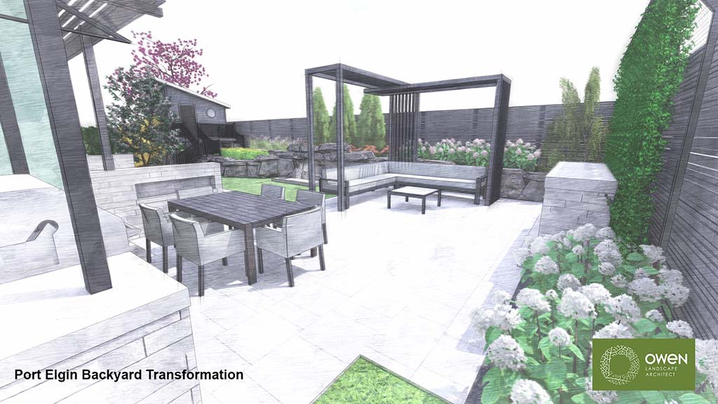 Patio with dining table and sectional beneath pergola
