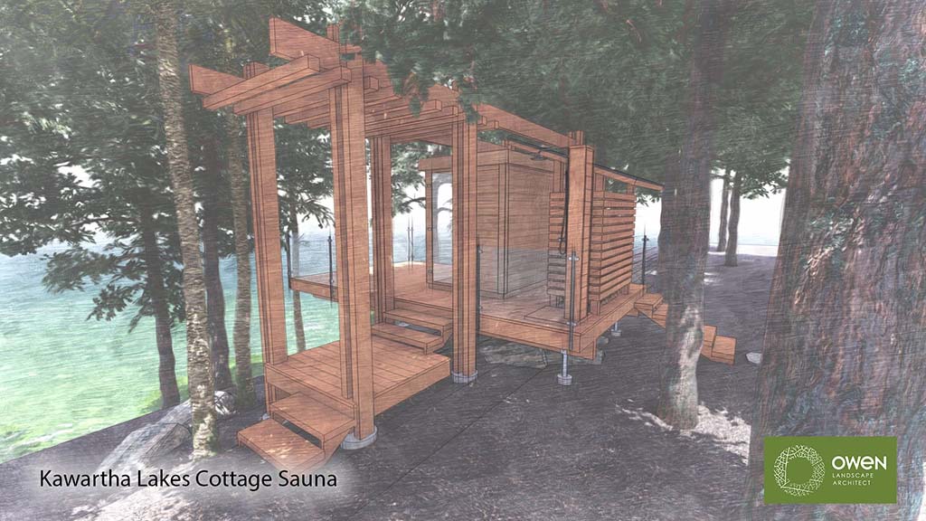 Lakeside sauna set in the forest.