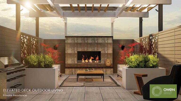 Rendering of deck lounge with two sofas centred around an outdoor fireplace.